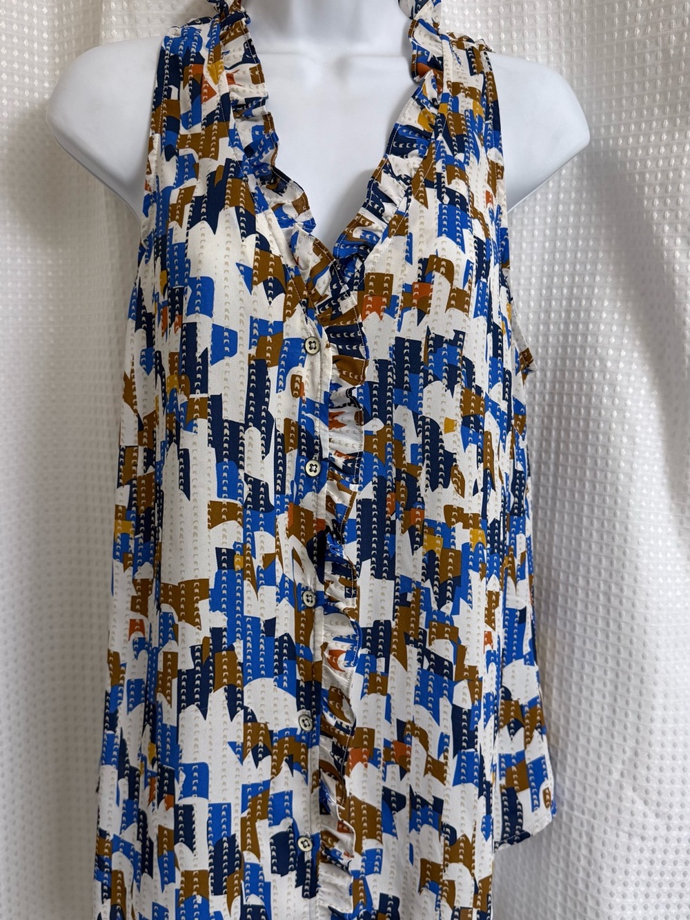 Cabi Blue White Brown Ruffle-Front Printed Sleeveless Blouse Shirt Medium